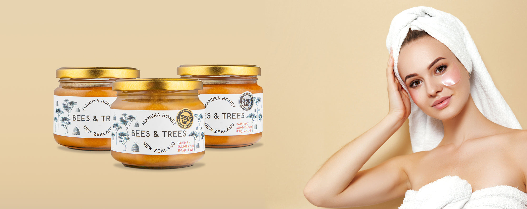 A model showing her skin next to a jar of Manuka honey